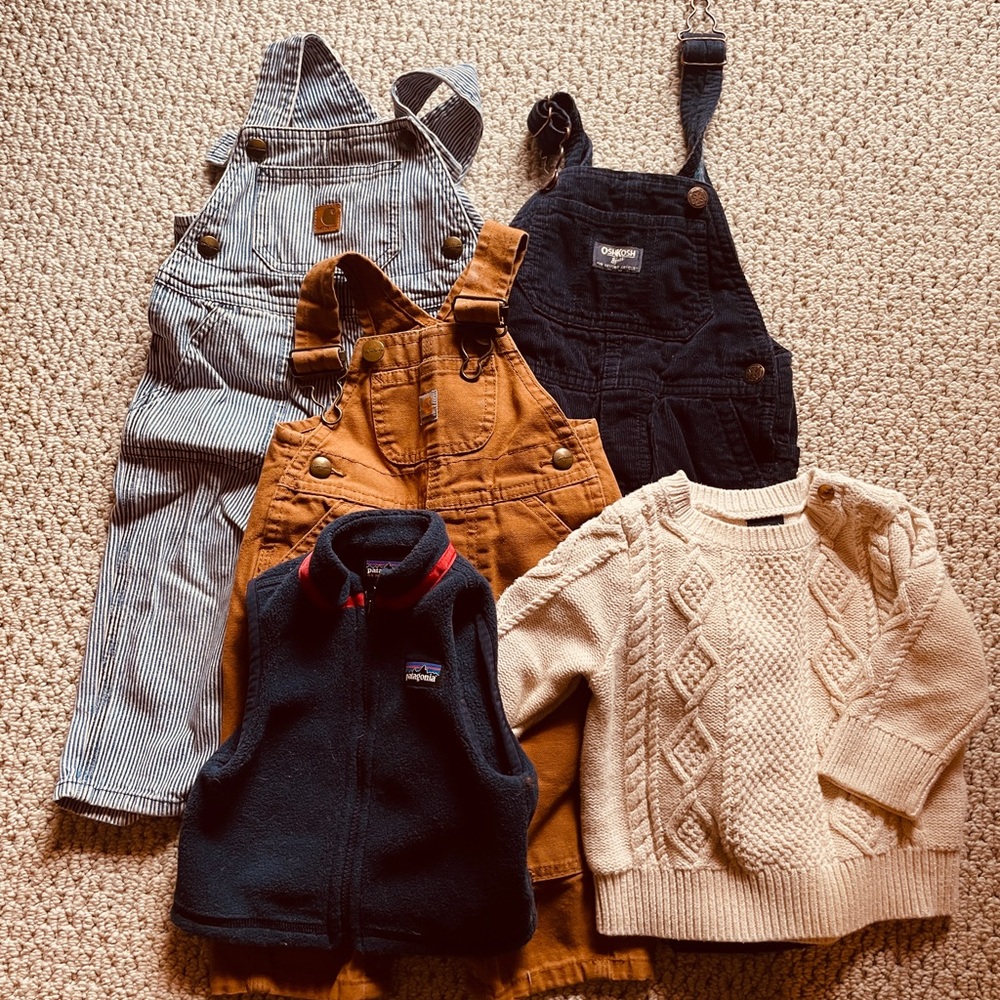 Carhartt and OshKosh Baby Overall Bundle plus Patagonia fleece vest 6-12 month